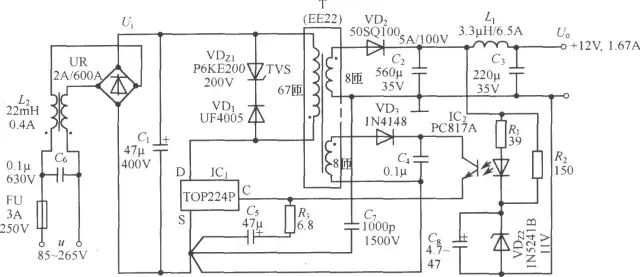 TOP224P構(gòu)成的12V、20W開關(guān)直流穩(wěn)壓電源電路